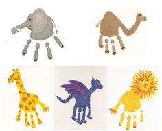 four different types of handprints made to look like animals and giraffes