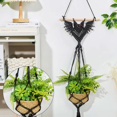 two hanging planters with plants in them on a shelf next to a white wall