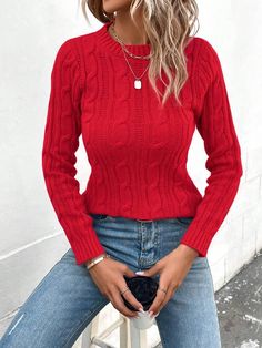 Style:Casual \nDetails:Cable-knit \nType:Pullovers \nNeckline:Round Neck \nSleeve Type:Regular Sleeve \nColor:Red \nPattern Type:Plain \nSleeve Length:Long Sleeve \nLength:Regular \nTemperature:Spring/Fall (18-25℃/63-77℉) \nFit Type:Regular Fit \nFabric:Medium Stretch \nMaterial:Knitwear \nComposition:100% Polyester \nCare Instructions:Hand wash or professional dry clean \nSheer:No \n Long Black Sweater, Red Cable Knit Sweater, Shein Sweater, Cowl Neck Poncho, Mock Neck Sweatshirt, Dropped Shoulder Sweatshirt, Round Neck Sweater, Women Sweaters, Round Neck Sweaters