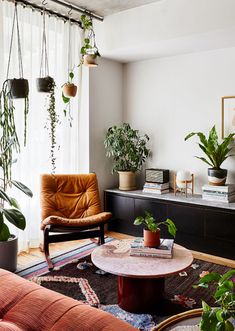 a living room filled with furniture and lots of plants