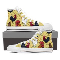 Shipping from the US. Easy 30 day return policy, 100% cotton, Double-needle neck, sleeves and hem; Roomy Unisex Fit. Chicken Shoes, Art Sneakers, Product Art, Printed Shoes, Chicken Art, Shoe Design, Fish Swimming, Chicken Lovers, Soft Textiles