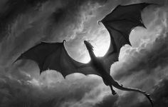 a black and white photo of a dragon flying through the air with clouds in the background