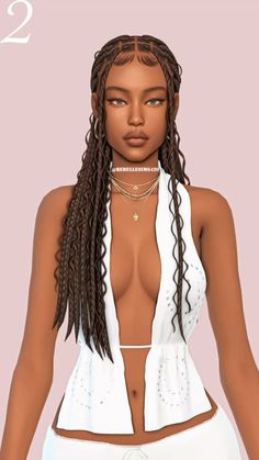 an image of a woman with long hair wearing white clothes and necklaces on her neck