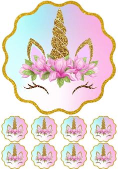 a pink and gold unicorn face with flowers on it's forehead, surrounded by other stickers