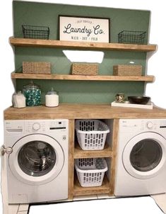 a washer and dryer sitting next to each other in front of a shelf