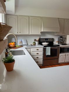 a kitchen with white counter tops and stainless steel stove top ovens, dishwasher, sink, and potted plant in the corner