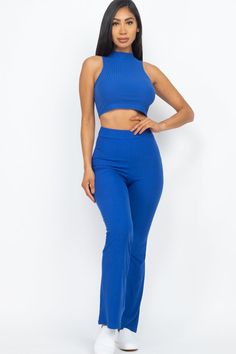 Ribbed Mock Neck Crop Tank Top & Bootcut Pants Set - Wholesale Capella Apparel Sleeveless Ribbed Top, Bootcut Pants, Top Pants Set, Ribbed Top, Cropped Tank Top, Ribbon Bows, Crop Tank, Tube Top, Mock Neck