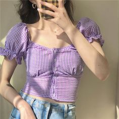 100% Brand New and High Quality <br />Material: Polyester, Cotton <br />Size: Length 40cm x Bust 76cm x Sleeve 21cm x Waist 60cm Preppy Mode, Áo Crop Top, Ruffle Trim Top, Pakaian Feminin, Purple Blouse, Cropped Tops, Mori Girl, Crop Blouse, Korean Street Fashion