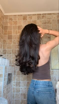 Long Layers On Dark Brown Hair, Wavy Blowout Hairstyles, Armpit Length Haircut Face Framing, Dark Brown Hair With Lots Of Layers, Dark 90s Hair, Dark Hair Blowout Styles, 80s Blowout Hair Brunette, Haircuts For Long Hair With Layers Curls, Blowout Hair Dark Hair