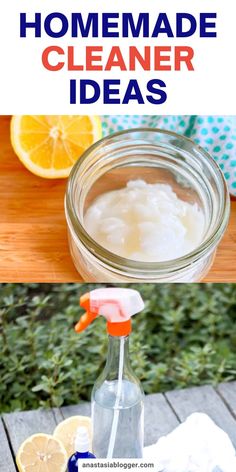 homemade cleaner and lemons on a wooden table with text overlay that says homemade cleaner ideas