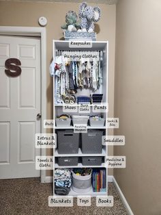 an organized closet with baskets, books and other items labeled in the word's