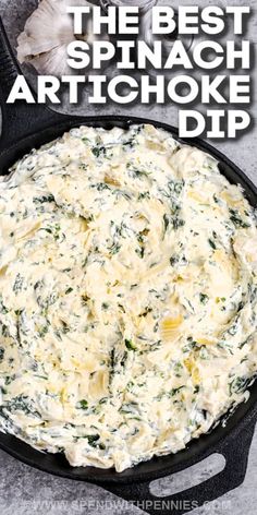 spinach artichoke dip in a cast iron skillet with text overlay