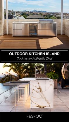 an outdoor kitchen island with marble counter tops