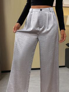 Women's Metallic Loose Straight Leg Pants Silver Casual   Fabric Plain Straight Leg Non-Stretch  Women Clothing, size features are:Bust: ,Length: ,Sleeve Length: Clothing Patches, Retro Hairstyles, Womens Tie, Asymmetrical Tops, Kids Sleepwear, Hair Accessories For Women, Pleated Dress, Straight Leg Pants, Leg Pants