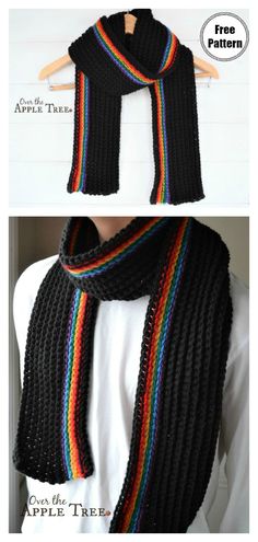 two pictures showing the same scarf with different colors on it, and one shows how to crochet