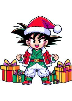 a cartoon character wearing a santa hat and holding presents