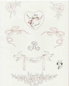 an embroidered design with flowers and birds in the shape of a heart on a white background