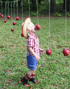 a little boy standing in the grass with some apples hanging from it's strings