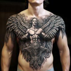 a man with an angel tattoo on his chest is standing in front of the camera