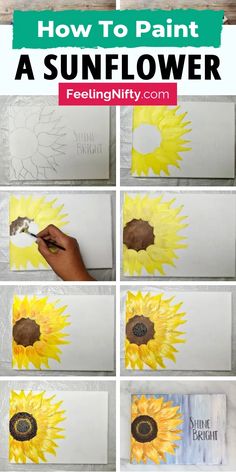 how to paint a sunflower with white paper and brown spots on it, including the words