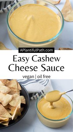 easy cashew cheese sauce in a bowl with tortilla chips on the side