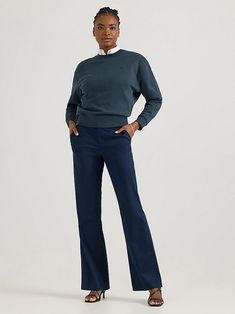 From work to play, you deserve pants that look good no matter what with the Lee® Women’s Wrinkle- Free Bootcut Pant. Work-oriented, these professional pants give the classic bootcut a nice polish with a wrinkle-free material that always falls just right. With a soft feel that brings plenty of stretch, these mid-rise pants keep things comfortable without ever losing their flare. Professional Pants, Pants Women Fashion, Bootcut Pants, Wrinkle Free, You Deserve, Fashion Pants, Women's Pants, Casual Pants, To Play