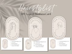 the logo and business card for hair stylist, with three different logos on it