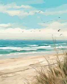 a painting of the beach with birds flying in the sky and sand on the ground