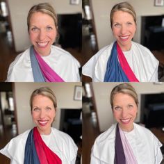 four pictures of a woman with different colored scarves around her neck and smiling at the camera