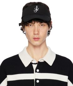 Cotton twill visor in black. · Logo embroidered at face · Curved brim · Cinch strap at back face · Logo-engraved black hardware Supplier color: Black Anchor Logo, Face Logo, Jw Anderson, Black Hardware, Black Logo, Logo Embroidered, Cotton Twill, Patch Logo, Hats For Men