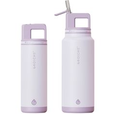 thermos bottle is white and has a purple handle on it's side