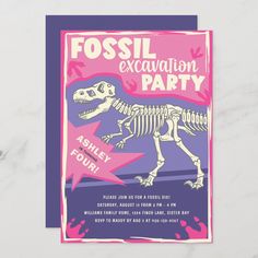 a pink and purple party card with a dinosaur skeleton on it's back, reading fossil excavation party