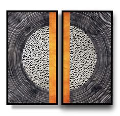 two framed art pieces with black and white designs on them, one has an orange strip