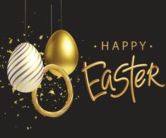 an easter card with gold and white eggs, confetti and streamers on a black background