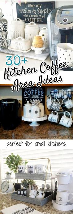 the kitchen counter is organized with coffee cups and other small items to make it easier for small kitchens