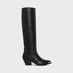 CELINE LOLA BOOTS HIGH WESTERN BOOTS WITH METAL TOE IN CALFSKIN - BLACK | CELINE Celine Western Boots, Formal Western Style Knee-high Heeled Boots, Celine Boots, Boots Metal, Canvas Messenger Bag, Boots High, New Sneakers, Flat Boots, Men Winter