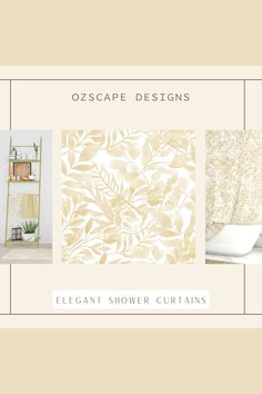 three different wallpapers with the words, escape designs elegant shower curtains in gold and white