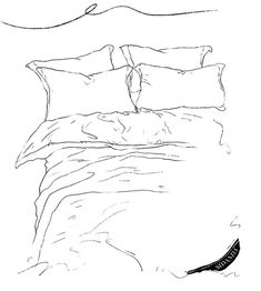 a black and white drawing of a bed with two pillows, one has a feather on it