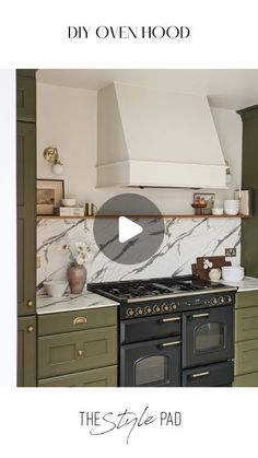 a kitchen with green cabinets and white marble counter tops is featured in the style pad