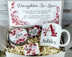 two personalized coffee mugs and coaster in a gift box