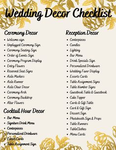 wedding decor checklist with gold flowers