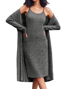 PRICES MAY VARY. 【Soft Fabric】Long sleeve nightgown is made of high quality ribbed fabric,High elastic and roomy designs are forgiving for anybody,also perfect for maternity postpartum belly 【Features】Ribbed knit robe set for women includes a cami dress and a long cardigan,it can be worn alone or combined for different looks,variety color for choice 【Long cardign】Knit cardign with front open design,adds a good cover without being too heavy.Two side pockets offer the convenience of being able to Nightgown And Robe Set, Nightgown Outfit, Outfit Sets For Women, Maternity Nightgown, Long Sleeve Nightgown, Postpartum Belly, Knit Dresses, Everyday Activities, Open Design