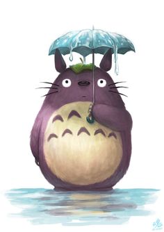 a drawing of a totoro holding an umbrella over its head while standing in the water