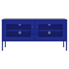 a blue tv stand with two drawers