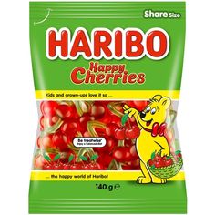 a bag of happy cherries with the word harbo on it's side