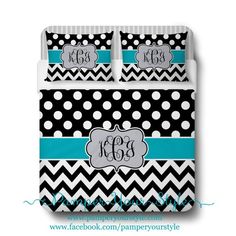 black and white bedding with polka dots and monogrammed initials on the bottom