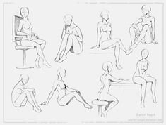 some sketches of people sitting and standing in different positions on a bench with their legs crossed