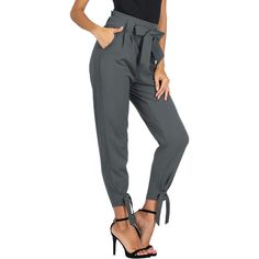 These Women High Waist Casual Pencil Pants With Bow-Knot Pockets For Work are the perfect addition to any professional wardrobe. The high waist design provides a flattering and slimming look, while the bow-knot pockets add a touch of elegance and femininity. Made from a comfortable and stretchy fabric, these pants are perfect for all-day wear at work. Specifications: Fabric material: 95% Polyester, 5% Spandex Pattern Type: Solid Pant Style: Pencil Pants Material: Cotton, Polyester Fit Type: Regu Trendy Tie Waist Workwear Bottoms, Trendy Workwear Bottoms With Tie Waist, Trendy Paperbag Waist Bottoms For Work, Paperbag Waist Pants With Tie For Workwear, Office Lady Pants With Pockets, Fitted Bottoms With Paperbag Waist For Workwear, Fitted Paperbag Waist Pants For Workwear, Fitted Paperbag Waist Bottoms For Workwear, Casual Office Pants With Paperbag Waist