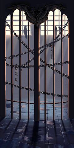 an image of a jail cell with bars and chains on the sides, in front of a window