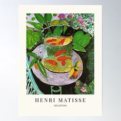 a painting of goldfish in a glass bowl surrounded by green leaves and flowers poster